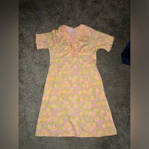 Vintage The Lilly Pulitzer Floral Neon 70’s Dress Tea Length Ruffled collar arms
